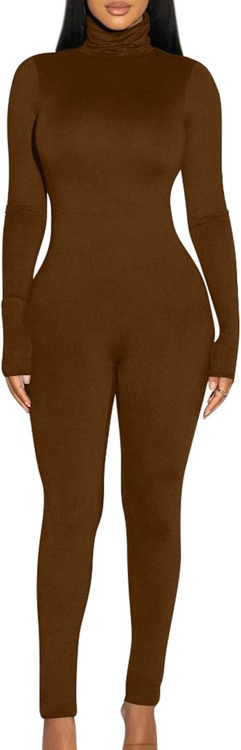 BORIFLORS Long Sleeve Jumpsuit for Women Sexy Turtleneck One Piece Bodycon Rompers Clubwear (Small, Coffee)