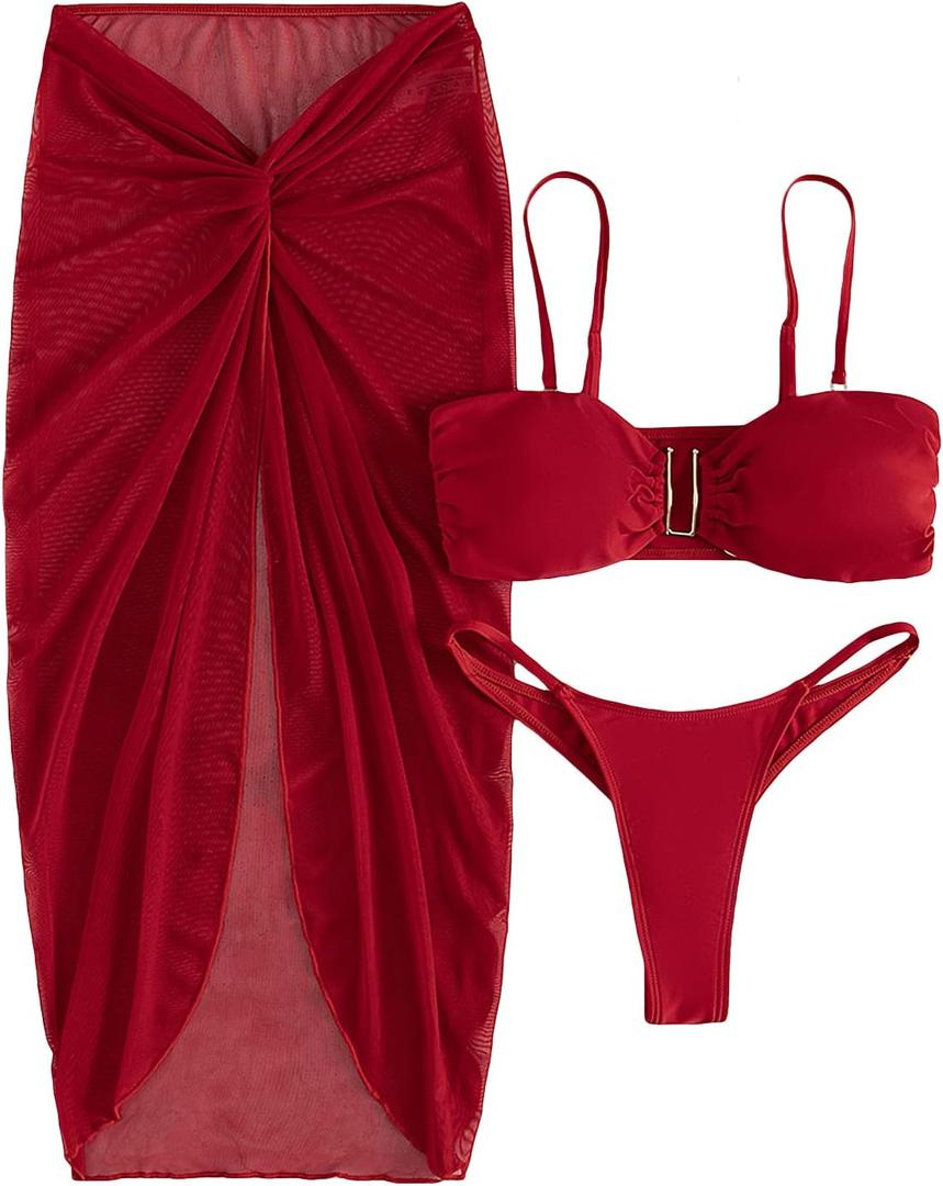 OYOANGLE Women's 3 Piece Bikini Set Swimsuit V Wired Bikini Bathing Suit with Twist Beach Skirt Small