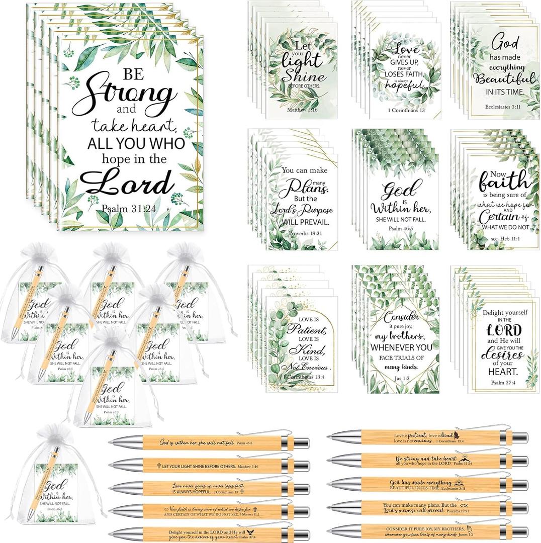 Yeaqee 150 Pcs Mother's Day Bible Gifts Set Christian Notebook and Pen Sets Inspirational Notebooks Bible Verse Pens Bamboo White Organza Bags for Nurse Teacher Coworker Office Team School Church