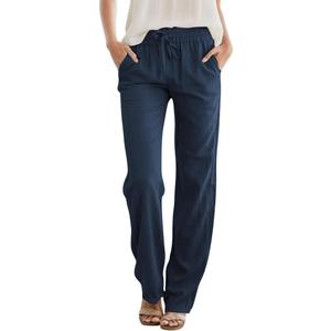 SEMARO Womens Casual Linen High Waist Pants Drawstring Loose Fit Summer Pants Trousers with Side Pockets (Blue, S)