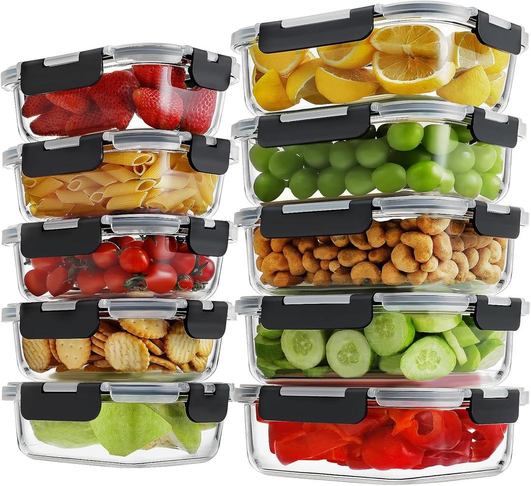 HOMBERKING 10 Pack Glass Meal Prep Containers with Locking Lids, Glass Food Storage Containers Set, Airtight Glass Lunch Bento Boxes, BPA-Free & Leak Proof, 36oz & 14oz, Freezer, Oven, Black