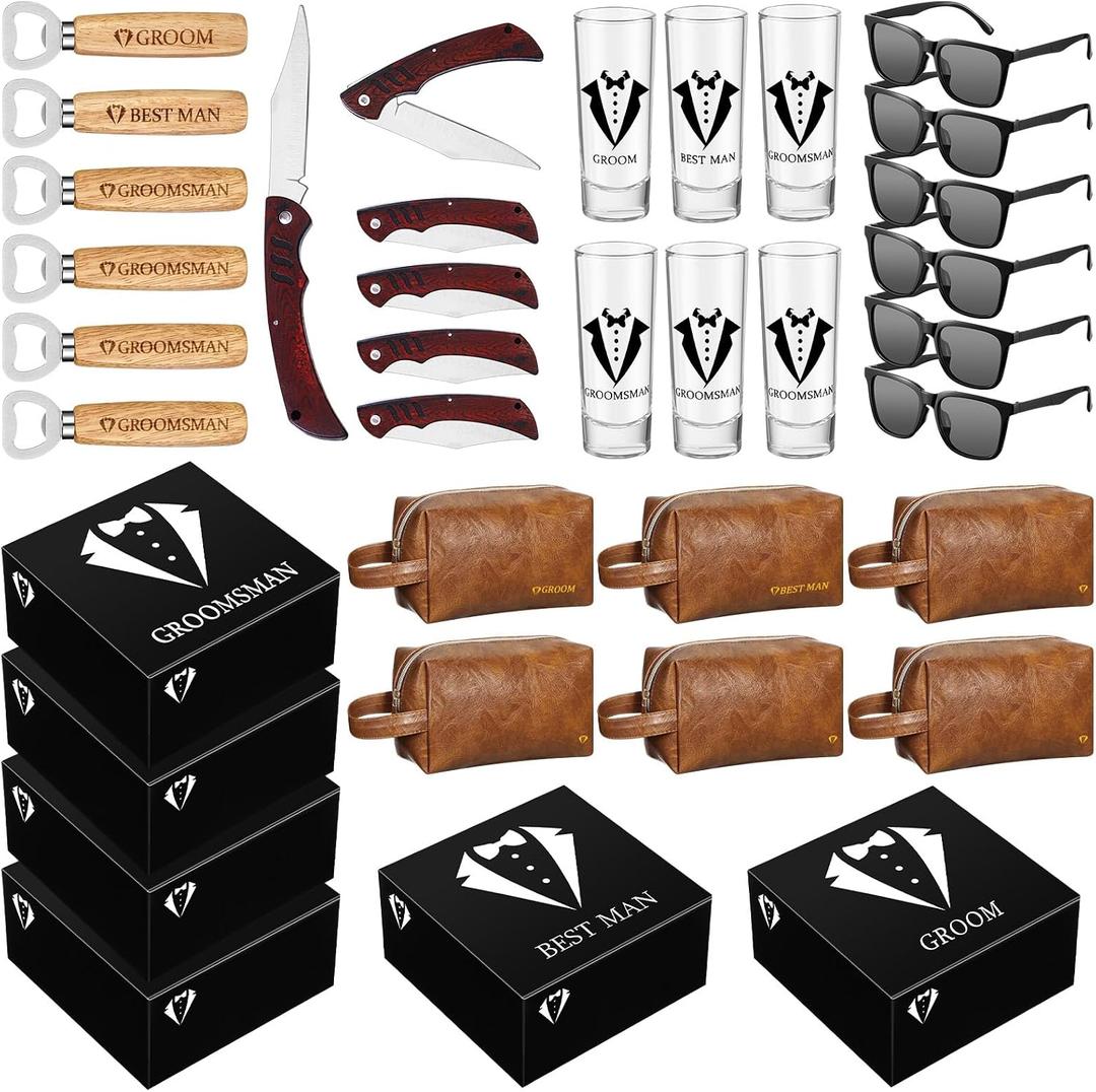 Yungyan 36 Pieces Groomsmen Gifts Set of 6, Groomsmen Proposal Box with Shot Glasses Sunglasses PU Leather Toiletry Bag Wood Folding Knife Bottle Opener Wedding Gift (Brown)