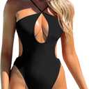 Saodimallsu Womens Sexy One Piece Bathing Suit Plunge Neck Cut Out Backless Criss Cross High Waisted Swimsuit (Large, Black)