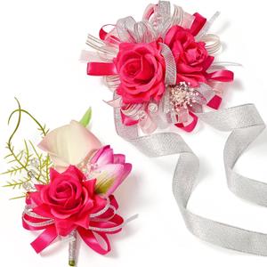 Serwalin Hot Pink Prom Corsage and Boutonniere Set, Artificial Calla Lily & Rose Wrist Corsage Wristlet for Homecoming, Formal Dance, Wedding Flowers Accessories Party Suit Decorations