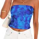 PRETTYGARDEN Going Out Tops for Women 2025 Summer Mesh Floral Y2K Bandeau Cute Crop Strapless Tube Top Trendy Outfits (Blue, L)