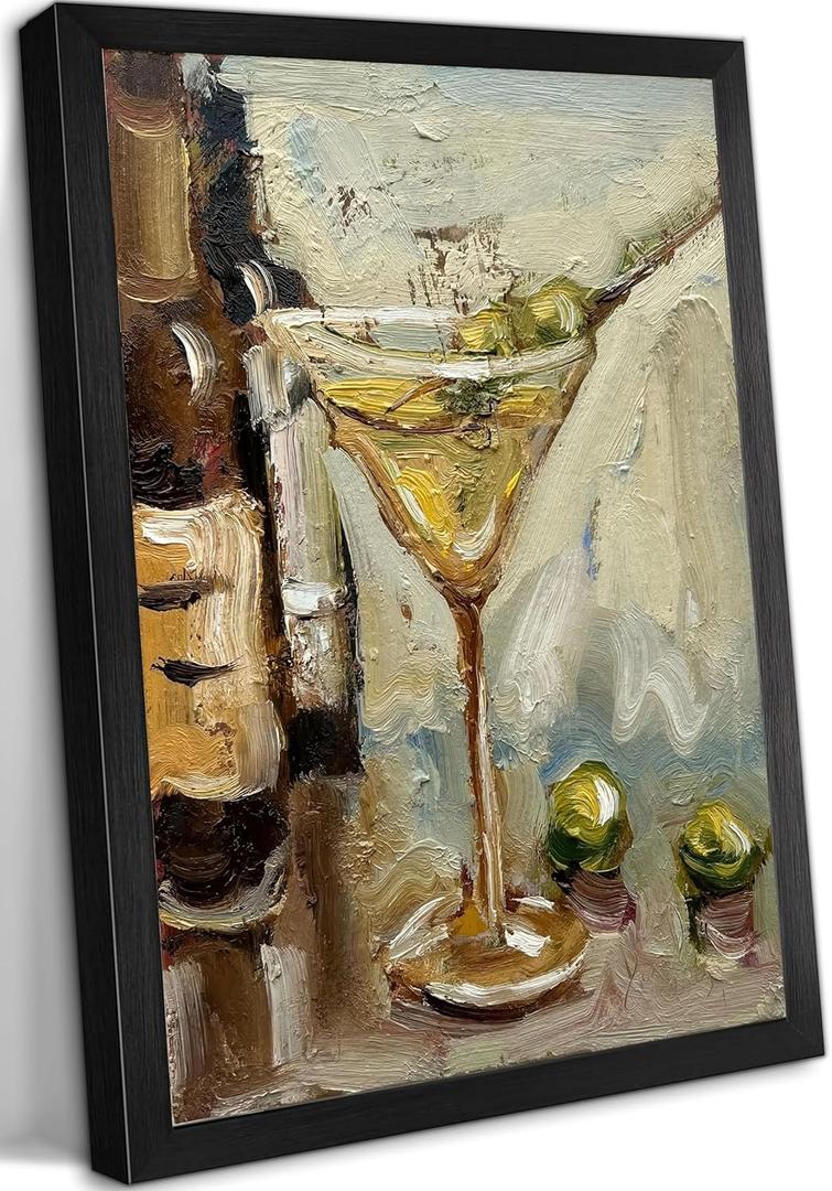 Framed Vintage Olive Martini Glass Cocktail Canvas Wall Art Still Life Bar Cart Paiting Pictures Wall Decor Posters Print for Kitchen Bar Cart Dining Room Home Decoration