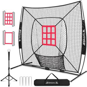 BAGAIL 7x7 ft Baseball & Softball Practice Net with Bow Frame for Batting, Hitting, Pitching, Portable Baseball Throwing Net with 2 Strike Zone Batting Tee, Carry Bag, Great for All Levels (Black)