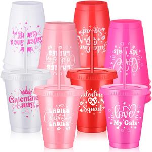 Yungyan 16 Pcs Galentine's Day Cups with Straw and Lid 16 oz Reusable Plastic Valentine's Day Hearts Cups Pink and Red Tumblers Gifts for Women Girlfriends Galentines Party Supplies Decorations