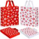 Zhanmai 200 Pcs Christmas Plastic Shopping Bags 10 x 13 mas Reusable Gift Bags with Red and White Snowflake Patterns for Christmas Party Supplies