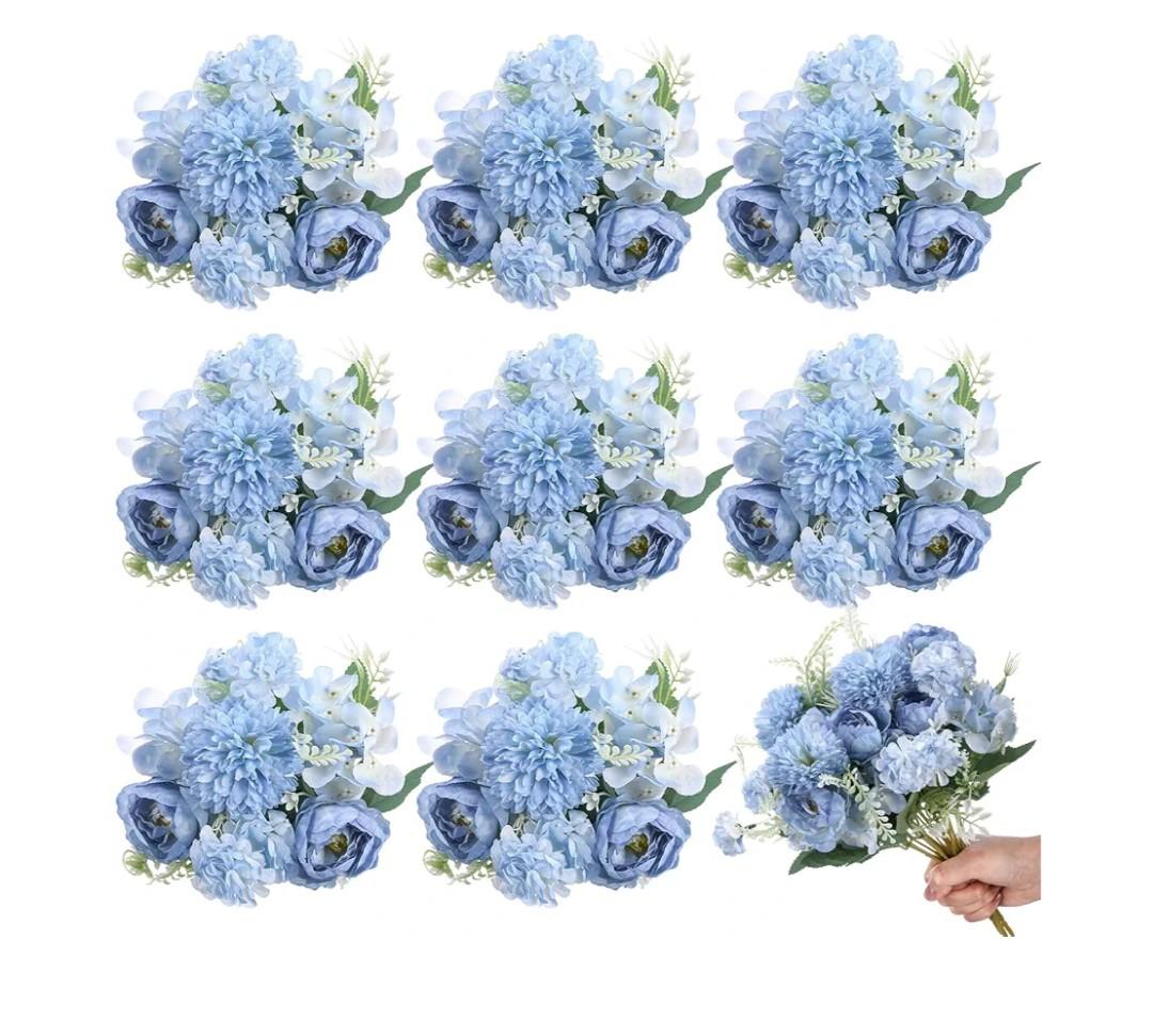 Lyrow 8 Pcs Peony Artificial Flowers Fake Silk Hydrangea Bouquet Elegant Peony Flowers for Wedding Decoration Faux Realistic Floral for Home Party Table Centerpieces Arrangement (Gradient Blue)