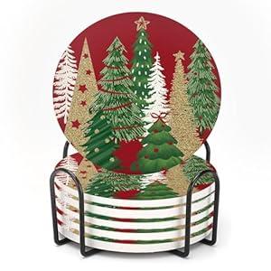 Nicegod Christmas Tree Drink Coasters Set of 6, Round Absorbent Ceramic Coaster, with Metal Holder and Cork Base, Pine Tree Xmas Red Coasters for Coffee Table Housewarming New Year's Gifts