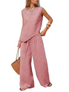 EXLURA Womens Summer Two Piece Sets Cotton Asymmetrical Tank Tops Wide Leg Pants Set Faux Linen Beach Vacation Cruise Outfits. Color RED, M