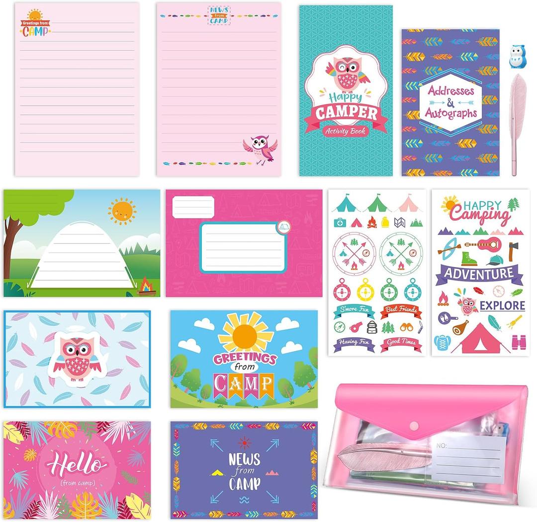 Fullhawl 51 Pcs Adventures at Camp Stationery Set Summer Camping Postcards Kit Letter Paper Envelope Sticker Postcard Camp Activity Journal Rubber Pencil(Happy Camper)
