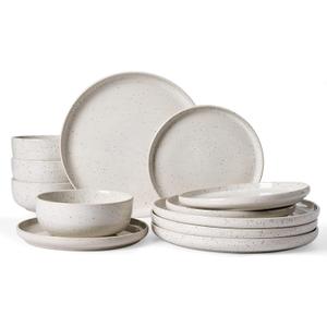 Famiware Meteor Plates and Bowls Sets for 4, 12 Pieces Dinnerware Sets, Microwave and Dishwasher Safe Dishes Set, Creamy White
