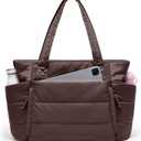 Tote Bag for Women with Zipper, Quilted Puffer Tote Bag with Compartments, Lightweight Puffy Work Bags for Women Travel, Dark Brown