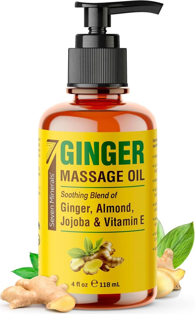 Seven Minerals Ginger Massage Oil for Lymphatic Drainage Massage Therapy - 4 oz - Warming and Ultra Relaxing - Therapeutic Grade Essential Oils Soothes Tired Muscles & Relaxes Mind and Body (4 Fl Oz (Pack of 1))