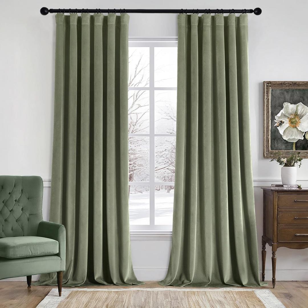 MIULEE Sage Green Velvet Curtains 90 Inches Long 2 Panels Set for Bedroom, Pinch Pleat Back Tab Luxury Thermal Insulated Living Room Darkening Drapes Pleated Blackout Window Curtains with Hooks