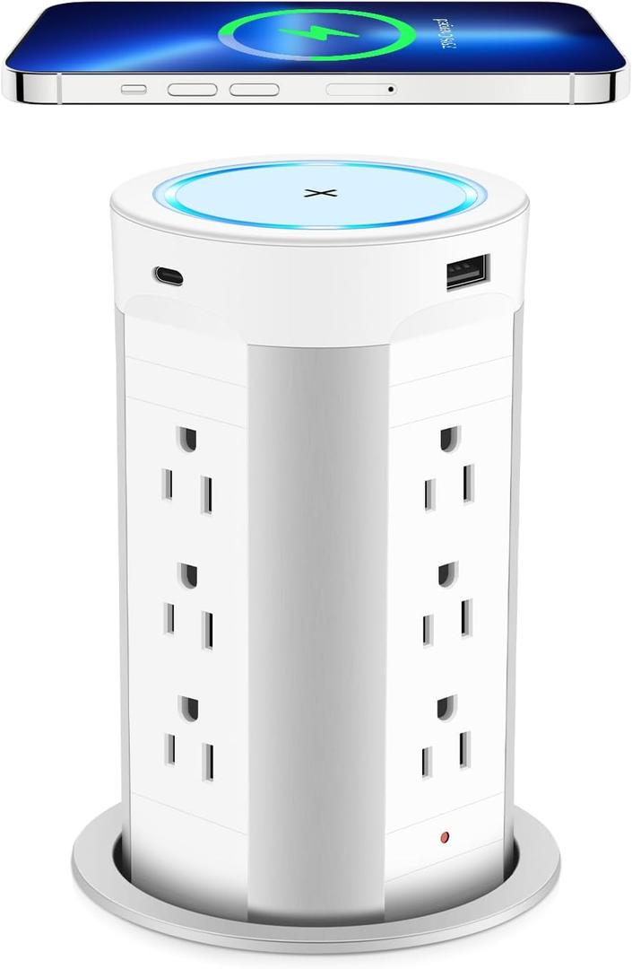 ANNQUAN 4" Pop Up Receptacle Countertop Outlet,75W Power Delivery,Total 90W Pop Up Outlet with 15W Wireless Charger,12 Outlets,4 USB,1200J (White)