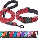 Ladoogo Reflective Dog Collar Padded with Soft Neoprene Breathable Adjustable Nylon Dog Collars for Small Medium Large Dogs (X-Small (Pack of 1), Red Plaid Collar+Leash)