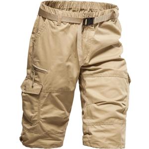Mylldey Men's Cargo Shorts 3/ 4 Relaxed Fit Mens Running Shorts 7 Pockets Elastic Waist Cotton Hiking Shorts (Khaki, 4XL-B)