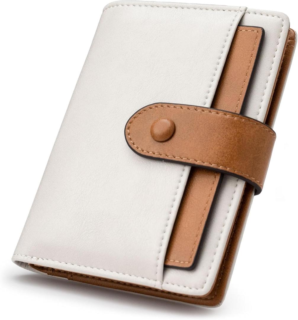 Alldaily Small RFID Blocking Leather Wallet for Women, Bifold with 10 Card Slots and Zipper Pocket (White/Brown)