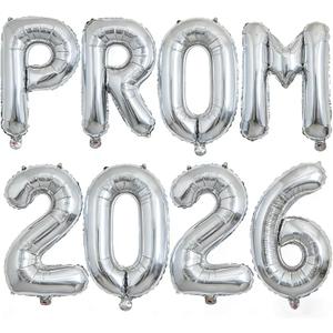 2 x VHUWE Silver PROM 2026 Balloons, 32 Inch Foil Prom 2026 Balloon Banner for Promenade Graduation Decorations 2026 Congratulations Balloons Graduation Party Decorations