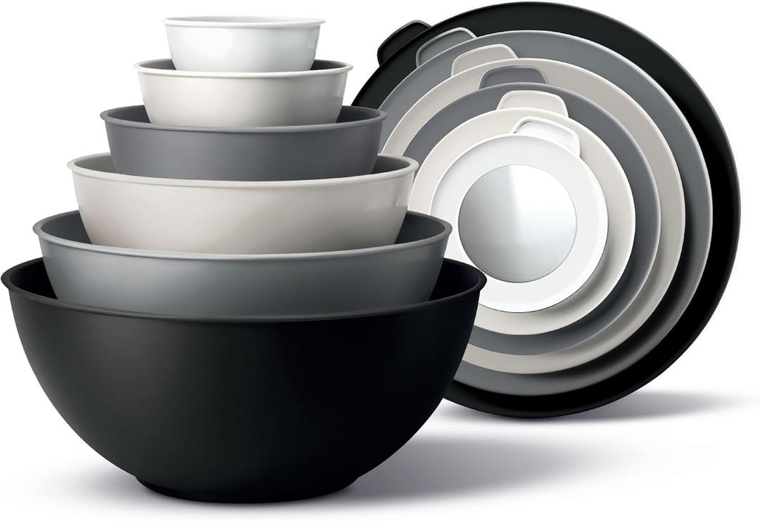 COOK WITH COLOR Mixing Bowls with TPR Lids - 12 Piece Plastic Nesting Set includes 6 Prep and Lids, Microwave Safe Bowl (Black Ombre)