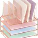 LEKETREE Desk Organizers and Accessories, 3-Tier Paper Organizer with 5 Vertical File Holders, File Organizer for Desk (Rose Gold, 3T)