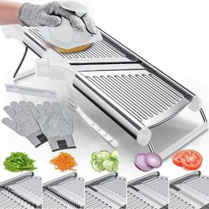 Gramercy Adjustable Mandoline Food Slicer, Mandoline Slicer for Kitchen, Mandolin, Potato, Tomato, Carrot, Vegetable, Fruit and Onion Cutter - Stainless Steel - INCLUDING 1 Pair Cut-Resistant Gloves