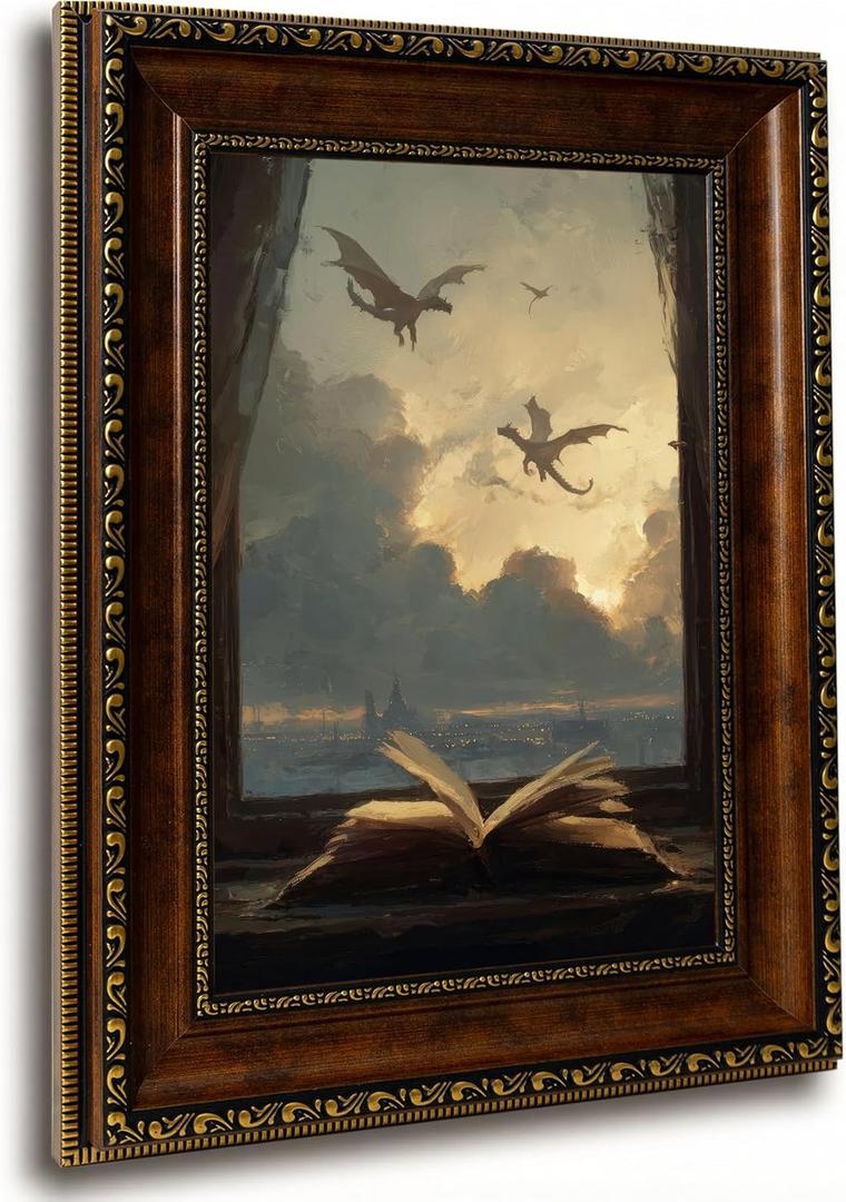 Framed Book Canvas Wall Art Vintage Dark Academia Open Book Print Gothic Aesthetic Library Wall Decor for Bedroom Study Living Room 9x11in Ready to Hang
