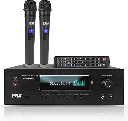 Pyle 1000W 5.2 Channel Home Theater Receiver - Bluetooth 5.0 - Amp w/ 2 UHF Wireless Mics - 4K UHD/3D/Blu-ray Pass-Through - MP3/USB/HDMI/AM/FM Radio - DSP EQ - Mic Echo & Volume Controls - PT888BTWM