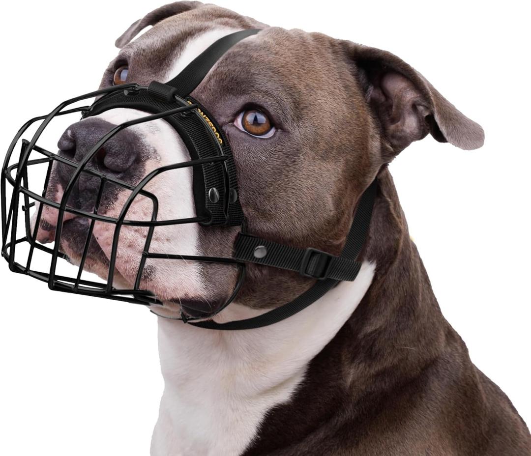 BRONZEDOG Pitbull Dog Muzzle Breathable Metal Basket for Large Dogs Amstaff Staffordshire Terrier Biting Chewing Barking (Nylon, Black)