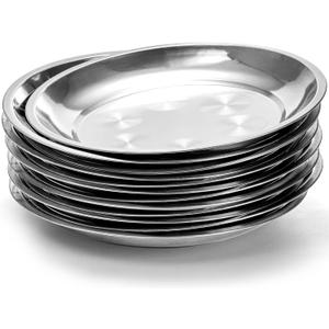 WUWEOT 10 Pack Stainless Steel Dinner Plates, 10" Round Kitchen Metal Dish Plates, Rust-Proof Camping Serving Plates for BBQ, Snack, Salad, Appetizer, Fruit, Cookies