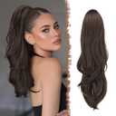 FESHFEN Drawstring Ponytail Extension, Natural Long Wavy Layered Synthetic Pony Tails Dark Brown Hair Extensions Hairpieces for Women, 20 inch