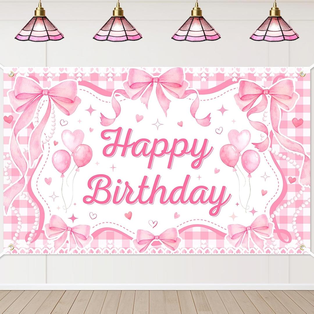 Mocsicka Pink Bow Coquette Birthday Decorations Happy Birthday Backdrop Bow Girls Bachelorette Party Decorations Photo Booth Props (Pink, 6x3.6ft)