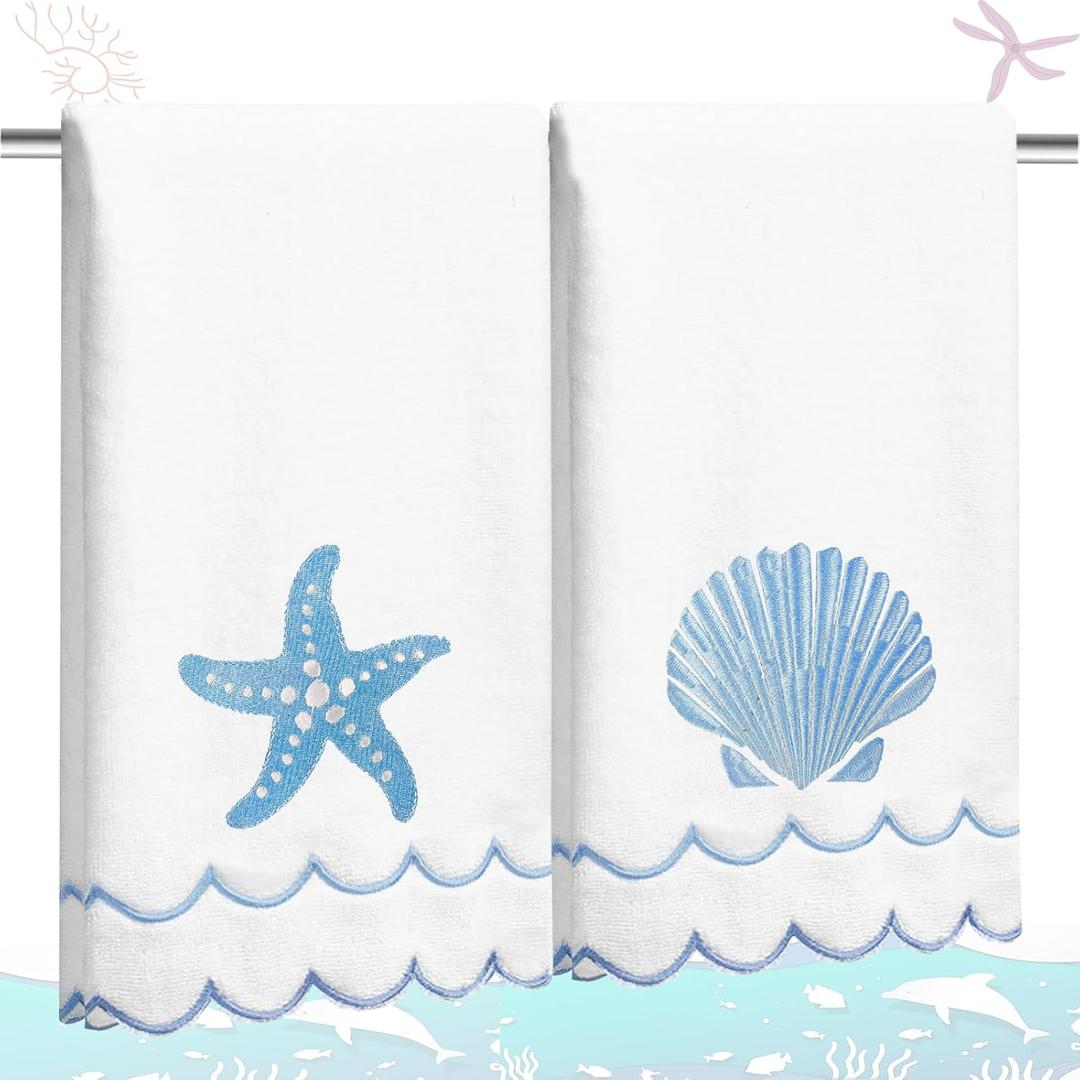 2Pcs Coastal Scalloped Hand Towels Light Blue Scallop Embroidered Dish Towel 100% Cotton Cute Decorative Ocean Bath Hand Towel for Kitchen Bathroom(Coastal Blue)