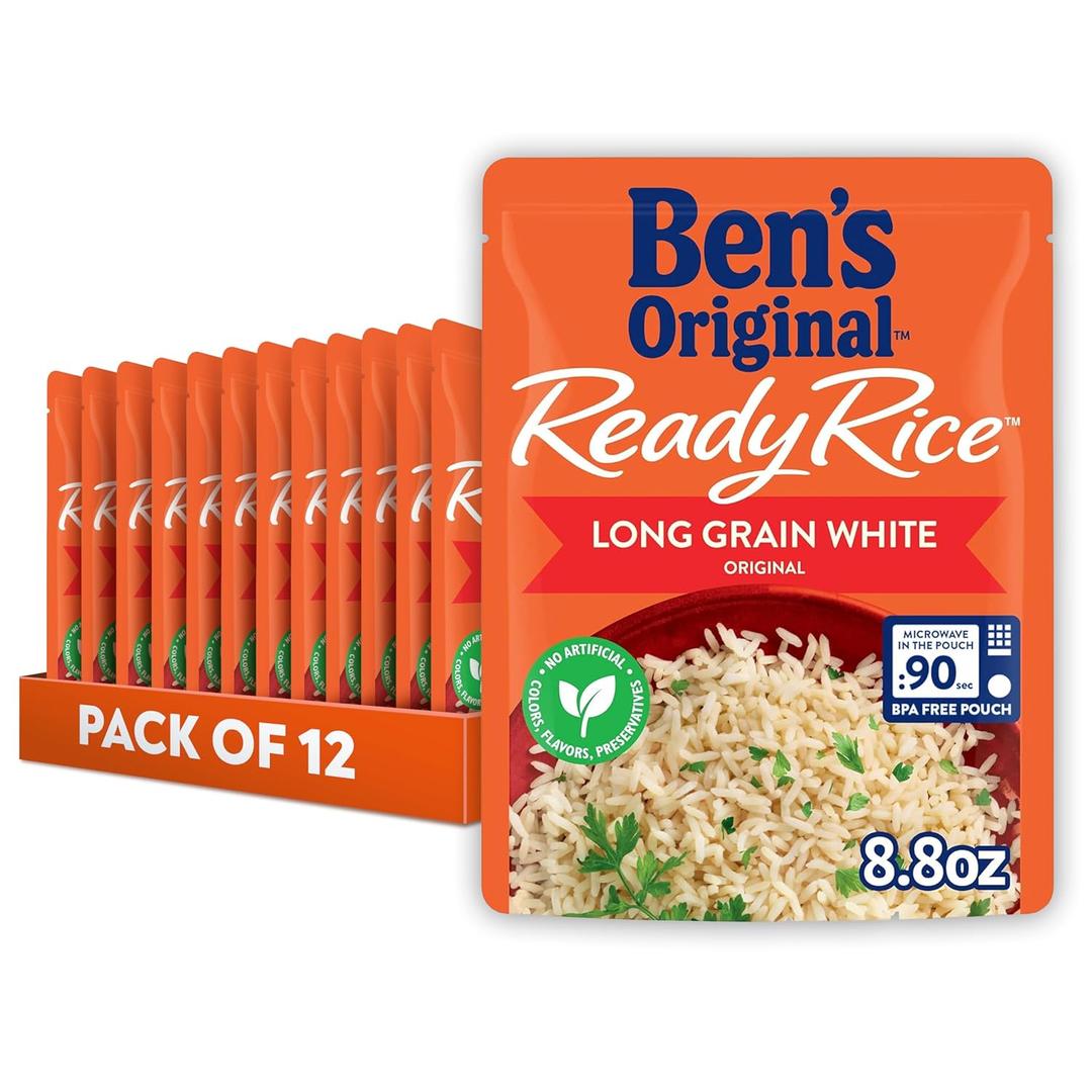 BEN'S ORIGINAL Ready Rice Original Long Grain White Rice, Easy Dinner Side, 8.8 oz Pouch (Pack of 12) (EXP 12/22/25)