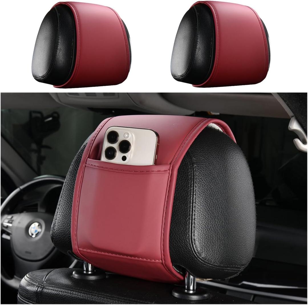 2PCS Leather Headrest Covers for Cars with Pocket of Back Seat Car Organizer,Multi-Functional Car Headrest Cover for Phone,Key,Coin in Car Storage,Universal Head Rest Covers CCar Decoration (Red)