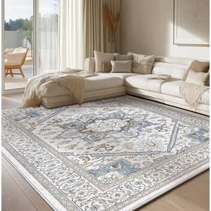 OPPODREAM Soft 8x10 Area Rugs, Washable Rugs 8x10 with Non Slip Backing, Faux Cashmere Low-Pile 8 x 10 Carpet, Cream White & Blue & Light Brown