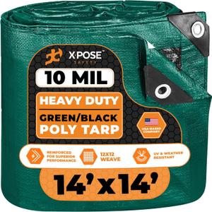 Heavy Duty Poly Tarp - 14' X 14' - 10 Mil Thick Waterproof, UV Blocking Protective Cover - Reversible Green and Black - Laminated Coating - Grommets - by Xpose Safety