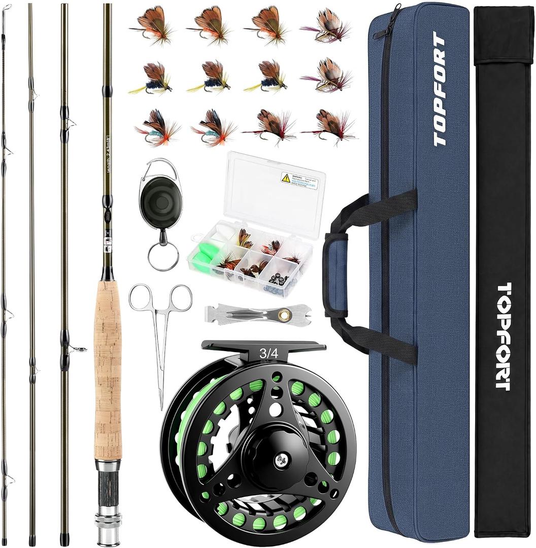 TOPFORT Fly Fishing Rod and Reel Combo Starter Kit, 4 Piece Lightweight Ultra-Portable Graphite Fly Rod Complete Starter Package with Carrier Bag