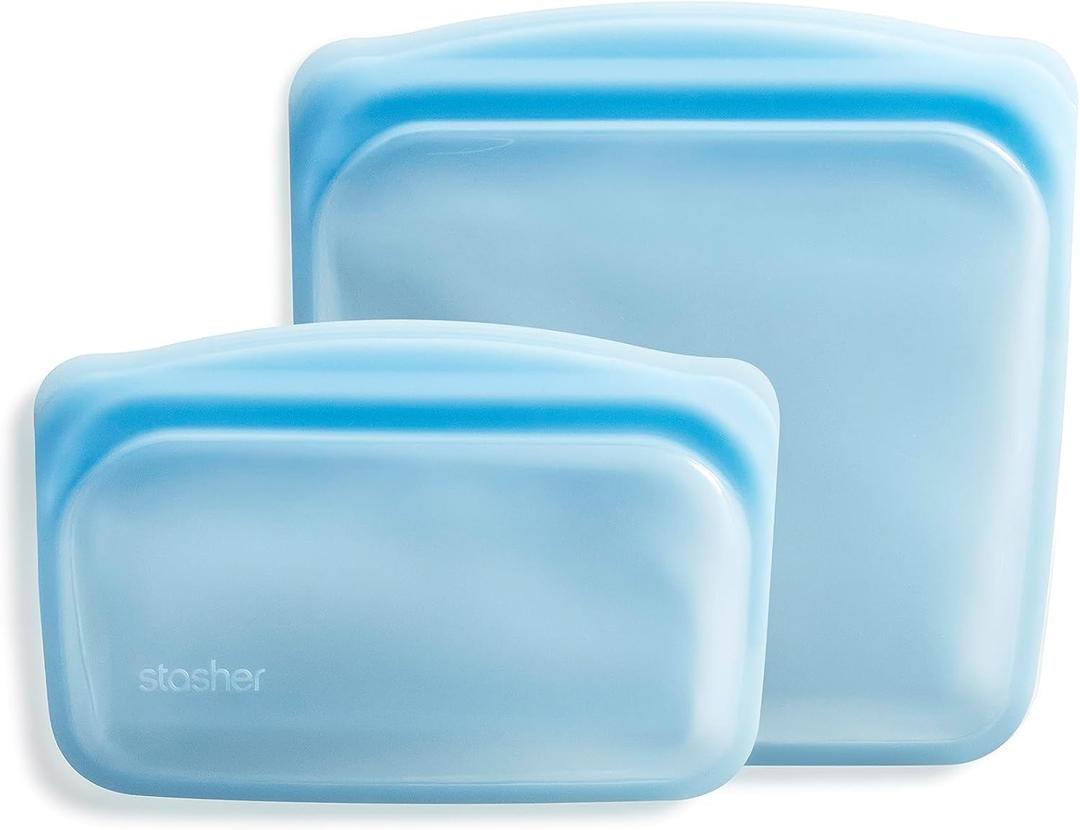 Stasher Silicone Reusable Storage Bags, 2-Pack, Reusable Freezer Bags, Microwave, Dishwasher, Oven Safe, Sous Vide, Premium Lunch Containers, Eco Friendly, Food Storage Bags, Snack Bags, Blue