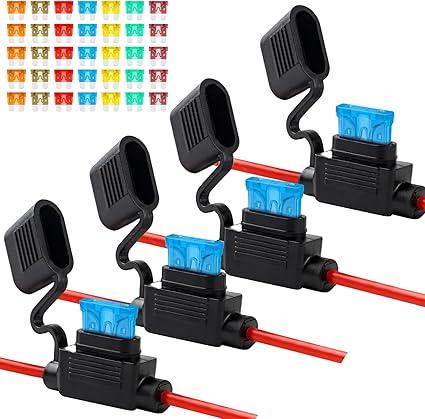 4 Pack 12AWG Inline Fuse Holder, Waterproof Fuse Holder with 35 PCS Standard Fuses (5 of Each: 5A, 7.5A, 10A, 15A, 20A, 30A, 40A), Upgraded In Line Fuses Holders 12v for Marine Auto