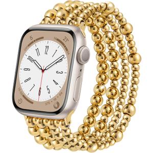 AIRSPO Gold Beaded Bracelets Compatible for Apple Watch Band 38mm/40mm/41mm-L(6.3"-7.3") Women, Fashion Handmade Dressy iPhone Watch Bands Stainless Steel Beads Elastic Strap for iWatch Series 11 10 9 SE 8 7 6 5 4 3 2 1