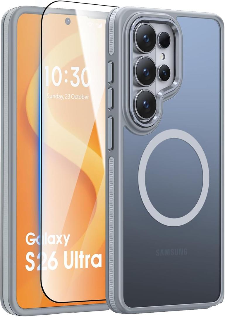 Magnetic Case for Samsung Galaxy S26 Ultra with HD Screen Protector, Compatible with Magsafe, Mil-Grade Shockproof Protection & Non-Slip Matte Cover Case for Galaxy S26 Ultra Gray