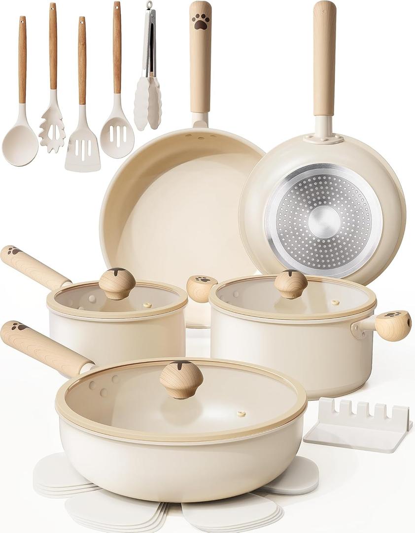 Astercook Pots and Pans Set Non Stick, Ceramic Cookware Set Non Toxic, 18 Pcs Dishwasher Safe Induction Cookware for Everyday Cooking & Kitchen Gifts