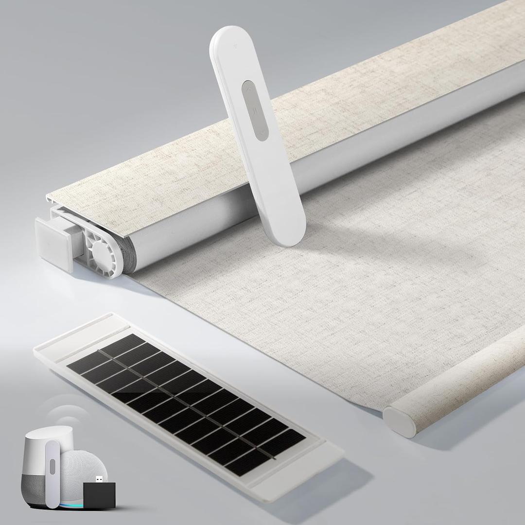 No Drill Motorized Blinds with Remote, Blackout Automatic Blinds with Solar Panel, Cordless Smart Electric Roller Shades for Windows, Beige, 32 x 72