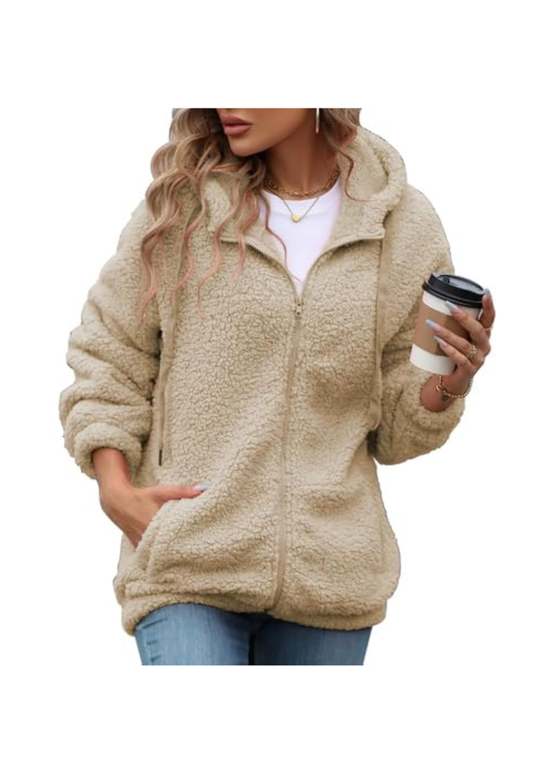 Womens Fleece Jacket Fall Winter Full Zip Sherpa Coat with Hood, Large