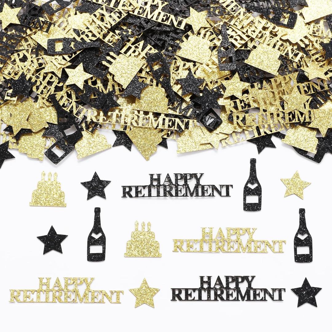 JOYMEMO 200PCS Black Gold Retirement Theme Confetti, Farewell Party Decorations, Cake Wine Bottle Star Table Scatters Party Supplies for Women Men