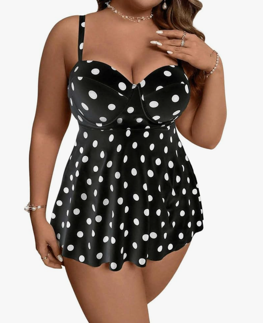 Women's Plus Size Polka Dots Push Up Swimsuit Tankini Set Swim Dress and Panty Bikini Set
 XL
